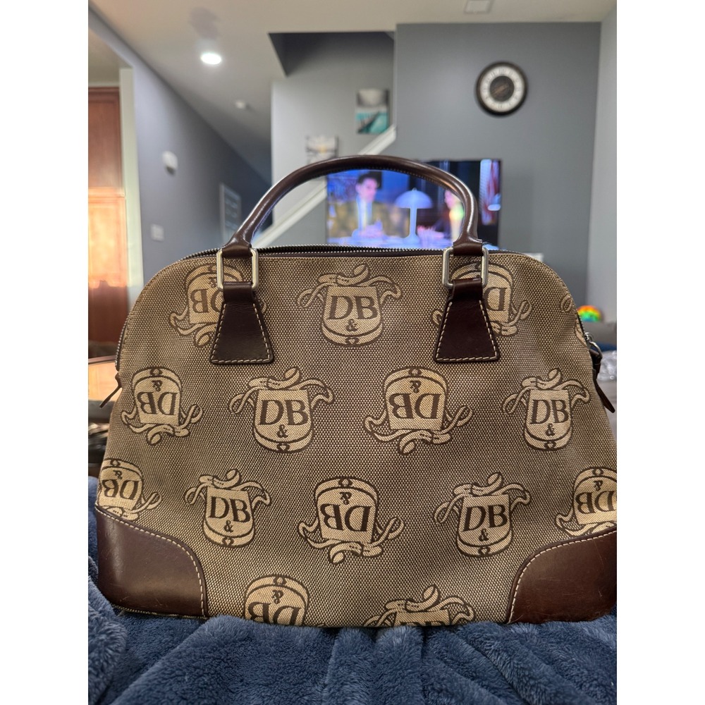 Dooney & Bourke Monogram Crest Canvas Leather Satchel Dome Bag Brown Tan